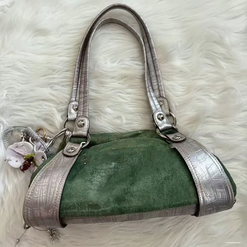 

Сумка через плечо в стиле ретро Y2k с крокодиловым узором и пэчворком, сумка-тоут с бриллиантовой отделкой, повседневная универсальная сумка большой вместимости