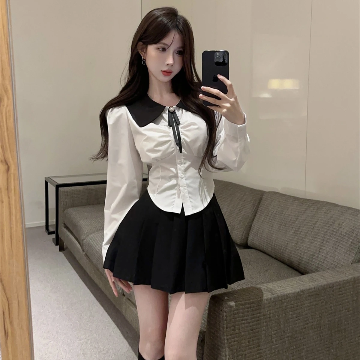 

Корейский Sle Slim Fit Long Sve, блузка с кукольным воротником, комплект с юбкой с высокой талией, женский модный осенне-зимний наряд, школьный orm