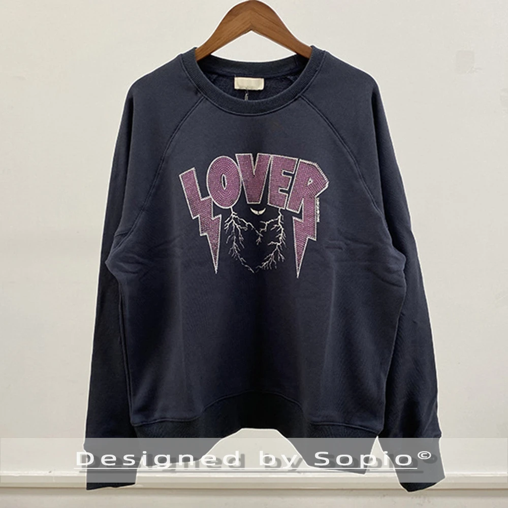 Felpa con strass grafica donna autunno inverno cotone manica lunga felpa ampia Pull Lady Fashion Pullover Streetwear 2026