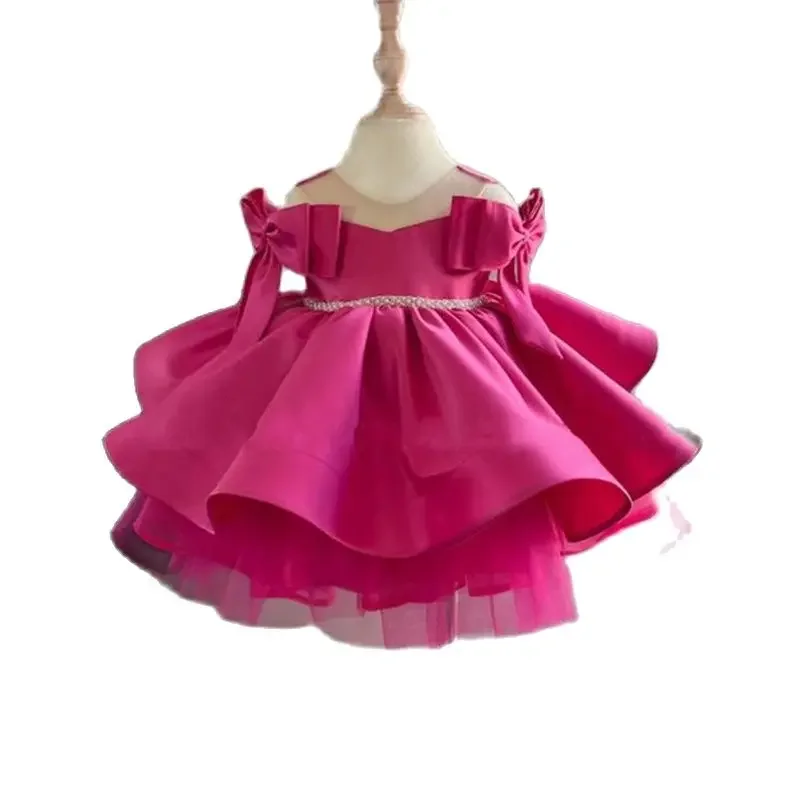 

Luxurious Off Shoulder Flower Girl Dresses Pink Ball Gown Birthday Party Dress for Girls Tiered Puff Glitter Kids Pageant Gown