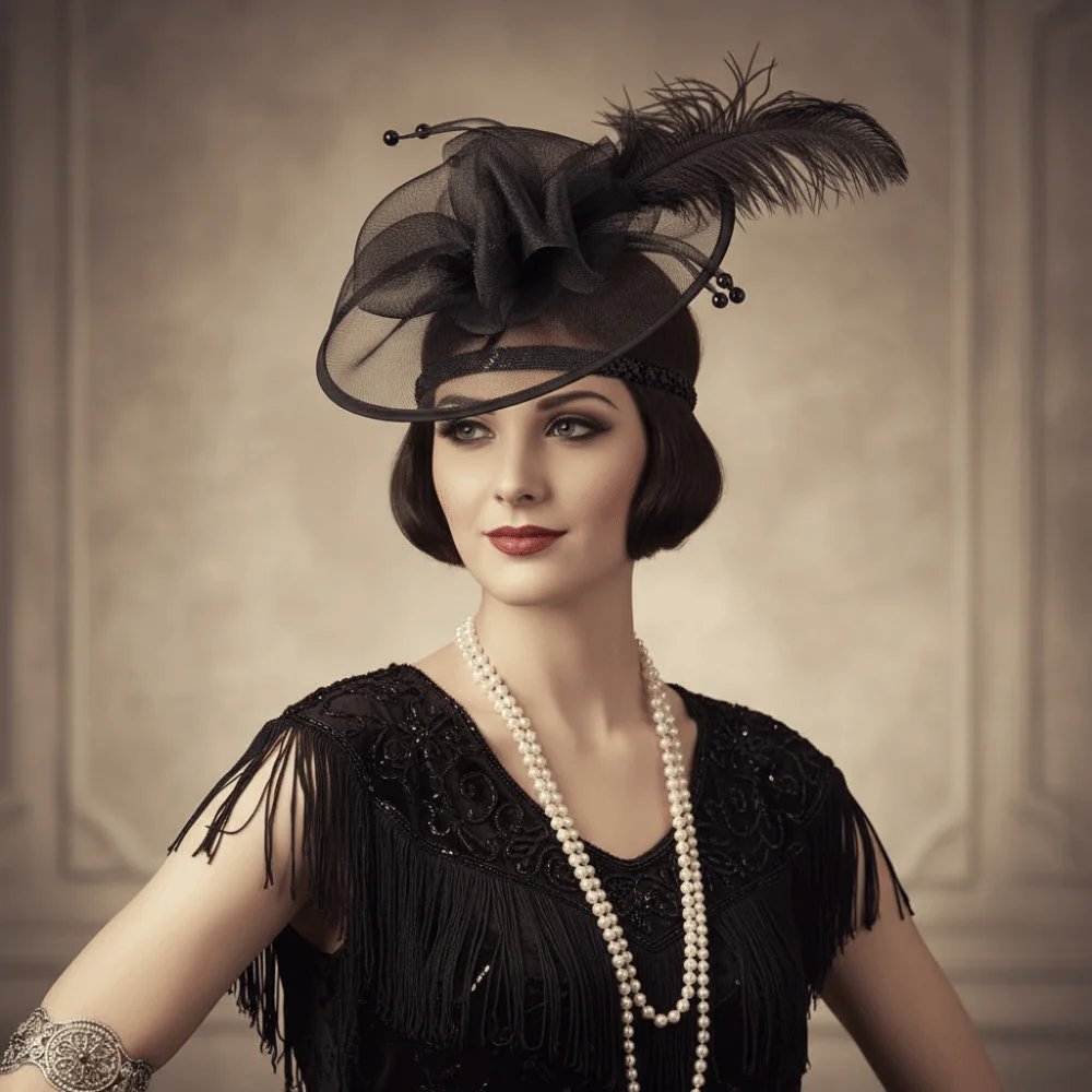 الرجعية رائعة شبكة ريشة عقال اللؤلؤ الحلو العروس غطاء الرأس قبعة رسمية أنيقة 1920s إكسسوارات الشعر سيدة #3