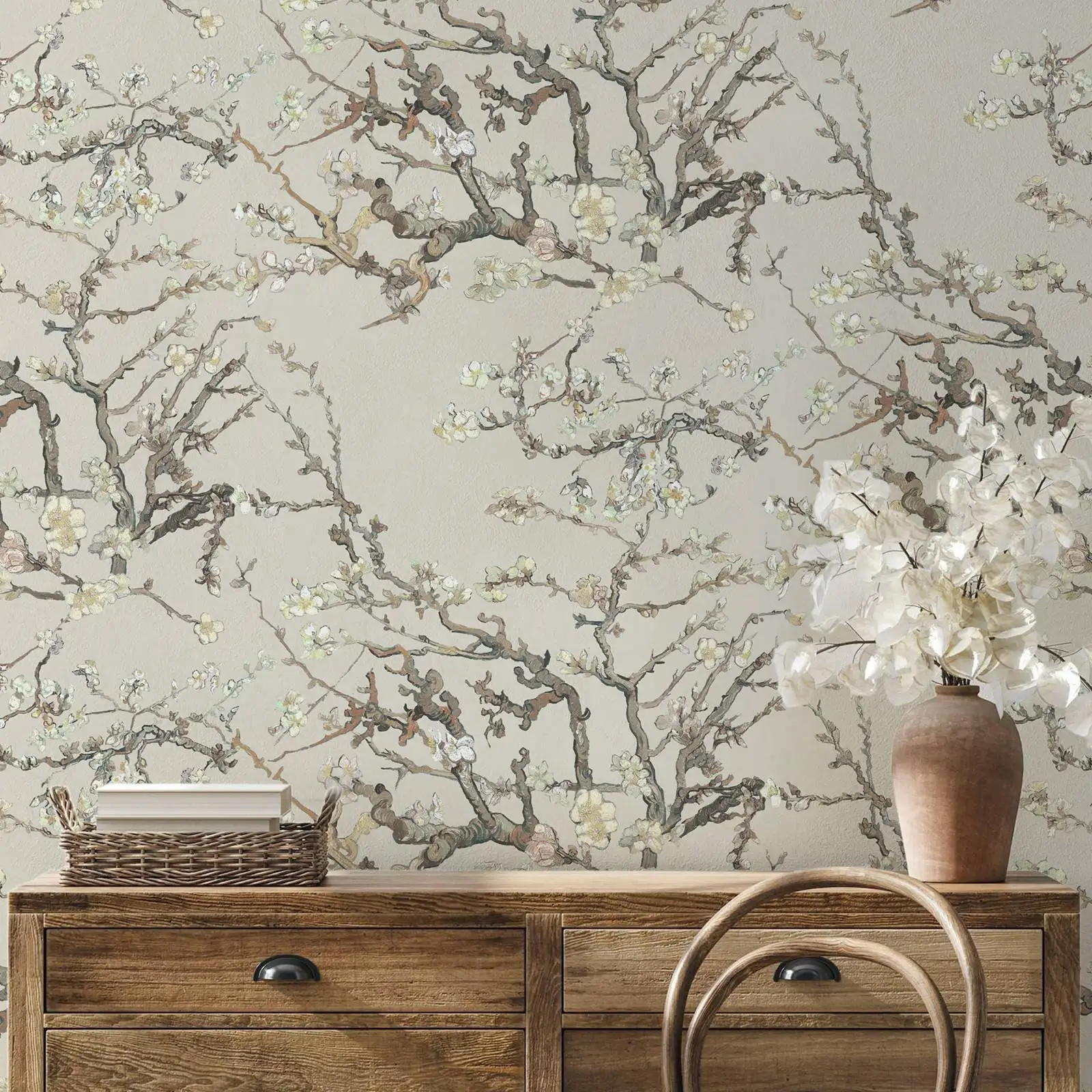 Van Gogh Wallpaper, Almond Trees Branches Wall Mural For Home Decoration,Almond Tree In Blossom Wall Papers.Tradition Un-paste