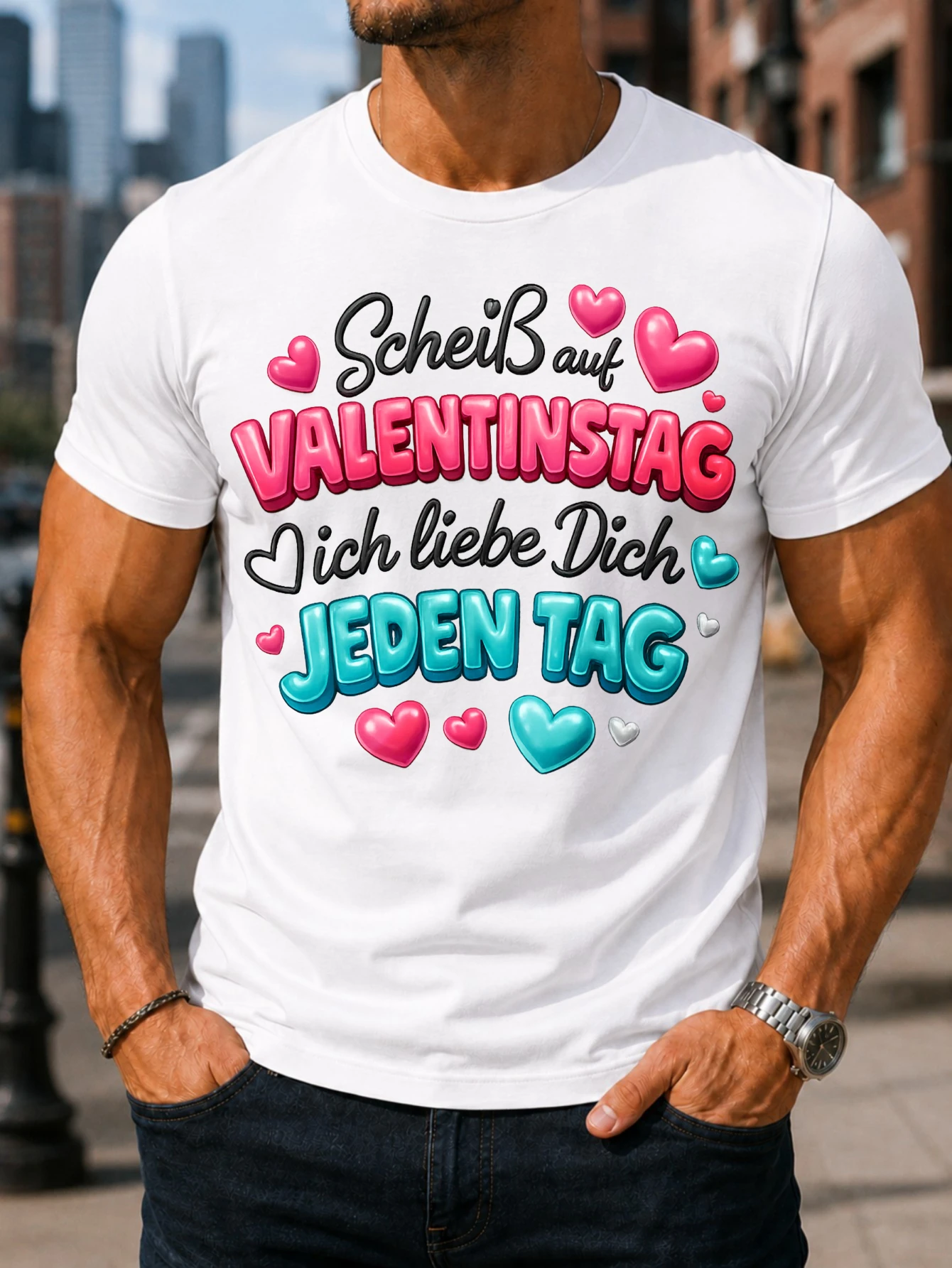 German love every day slogan with pink turquoise hearts and bubble text Illustrated with bold  Unisex All T-Shirt