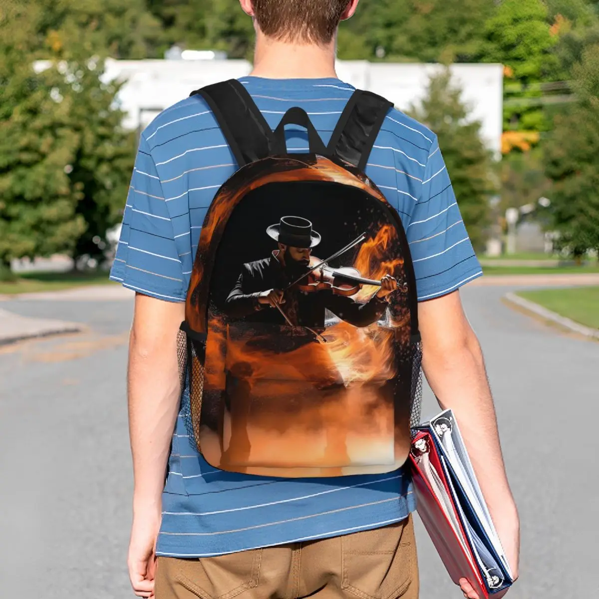A Concert Violinist In Fire Flames Backpack Student BookBag Children School Bag Computer Shoulder Bags for Boys Girls