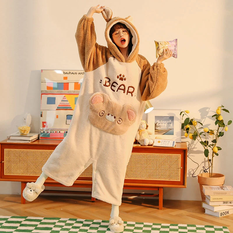 Winter Flannel Hooded Jumpsuit Pajama Sleepwear Cute Crtoon Girl Women Nightwear Pijamas Suit Thickened Coral Velvet Home Wear