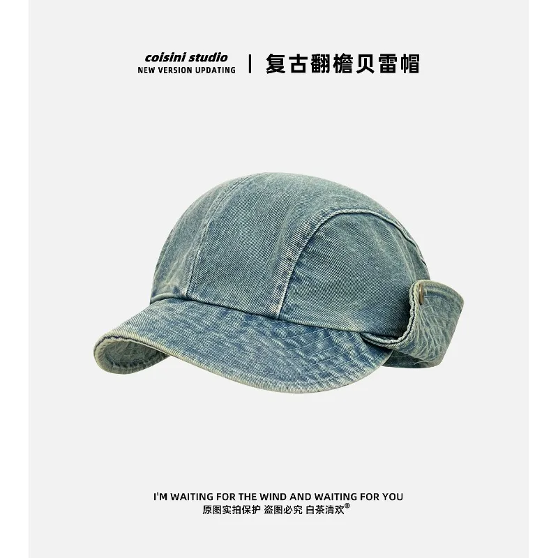 Niche Retro Irregular Flip Brim Design Denim Bucket Hats Women Summer Autumn Travel Sun Protection Versatile Casual Men's Caps
