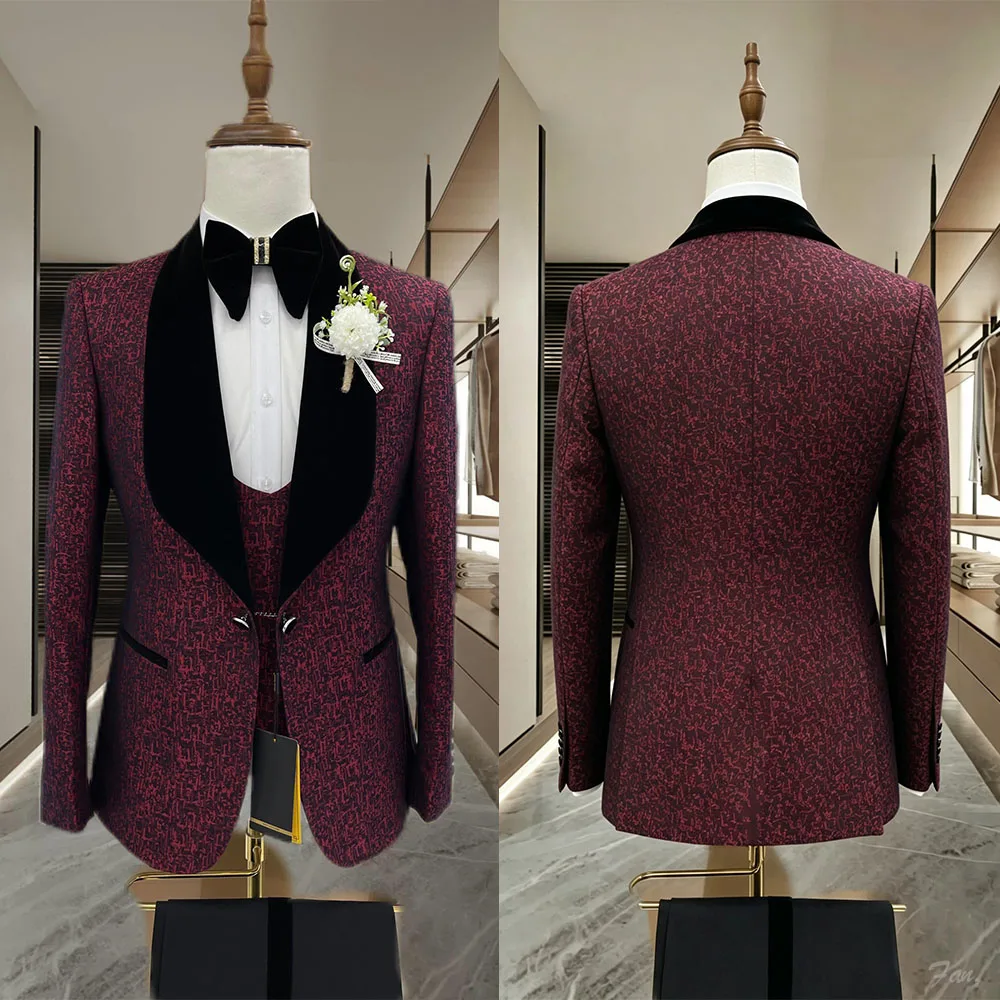 Elegant Burgundy Textured Shawl Lapel Men's Tuxedo Jacket with Black Velvet Collar and White Floral Custom Made M264719