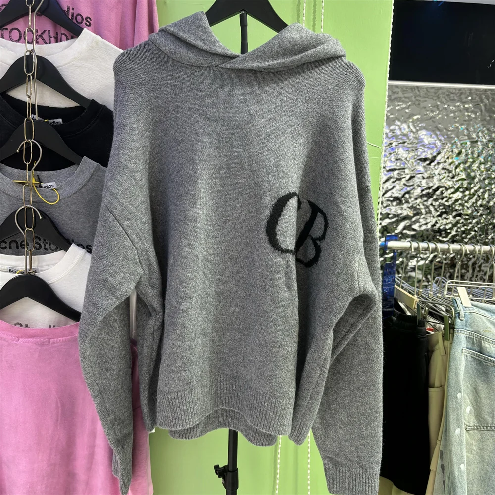 Fotos reais dos homens suéteres hoodies designer carta malha high street inverno outono solto cinza preto bege camisola