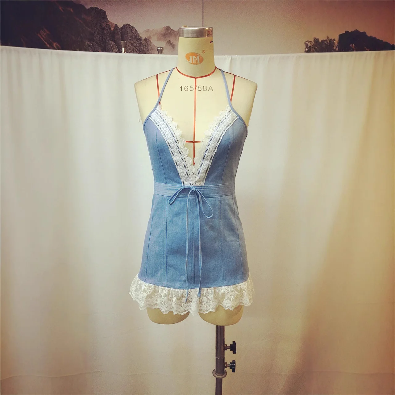 Sexy Lace Denim Sleeveless Suspender Patchwork Dress High Waist Mini Dress Lace-up Ruffled Denim Elegant A-Line Party Dresses - Image 2