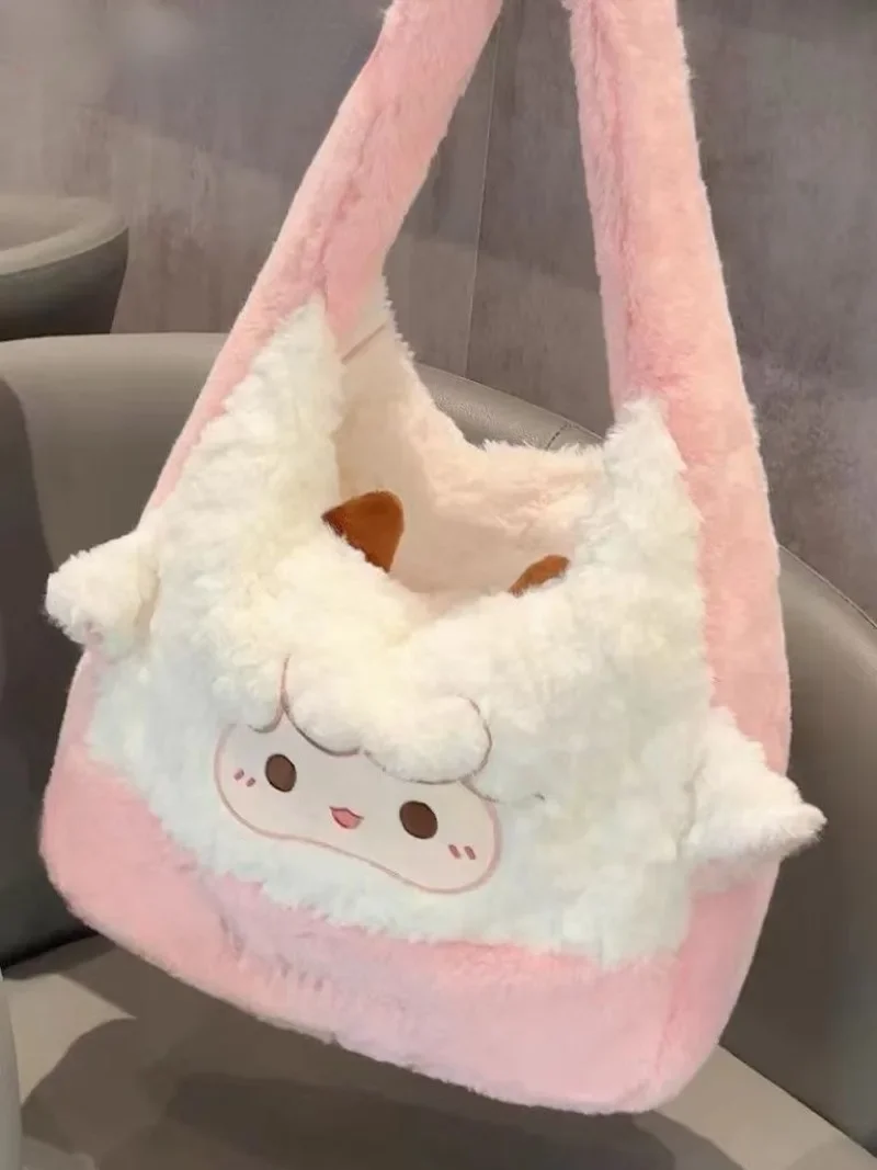 MBTI Sweet Lamb Handbags for Women Kawaii Plush Large Capacity Tote Bag Fashion Korean Style Casual Girls Pink Shoulder Bag