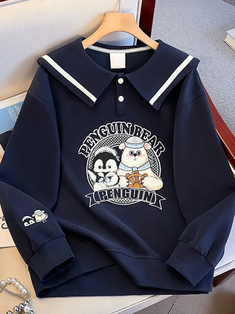 

Женская толстовка с вышивкой и воротником-стойкой, свободного кроя, осенне-зимняя, модный дизайн, хлопковая, в университетском стиле