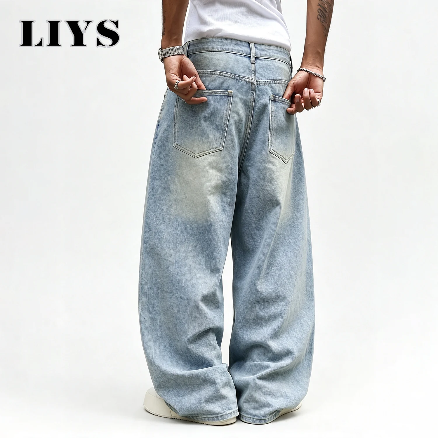 LIYS Men's Light Colored Washed Honeycomb Printed Baggy Wide Leg Jeans Niche Design Large Silhouette Y2K Street Denim Pants ﻿