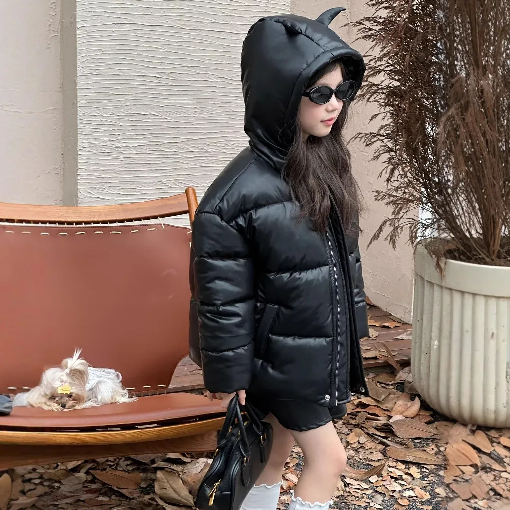 

Girls Coat 2024 Winter New Childrens Clothes Girls Baby Foreign Style Little Devil Hooded Thick Warm Coat Casual Simple and Cute