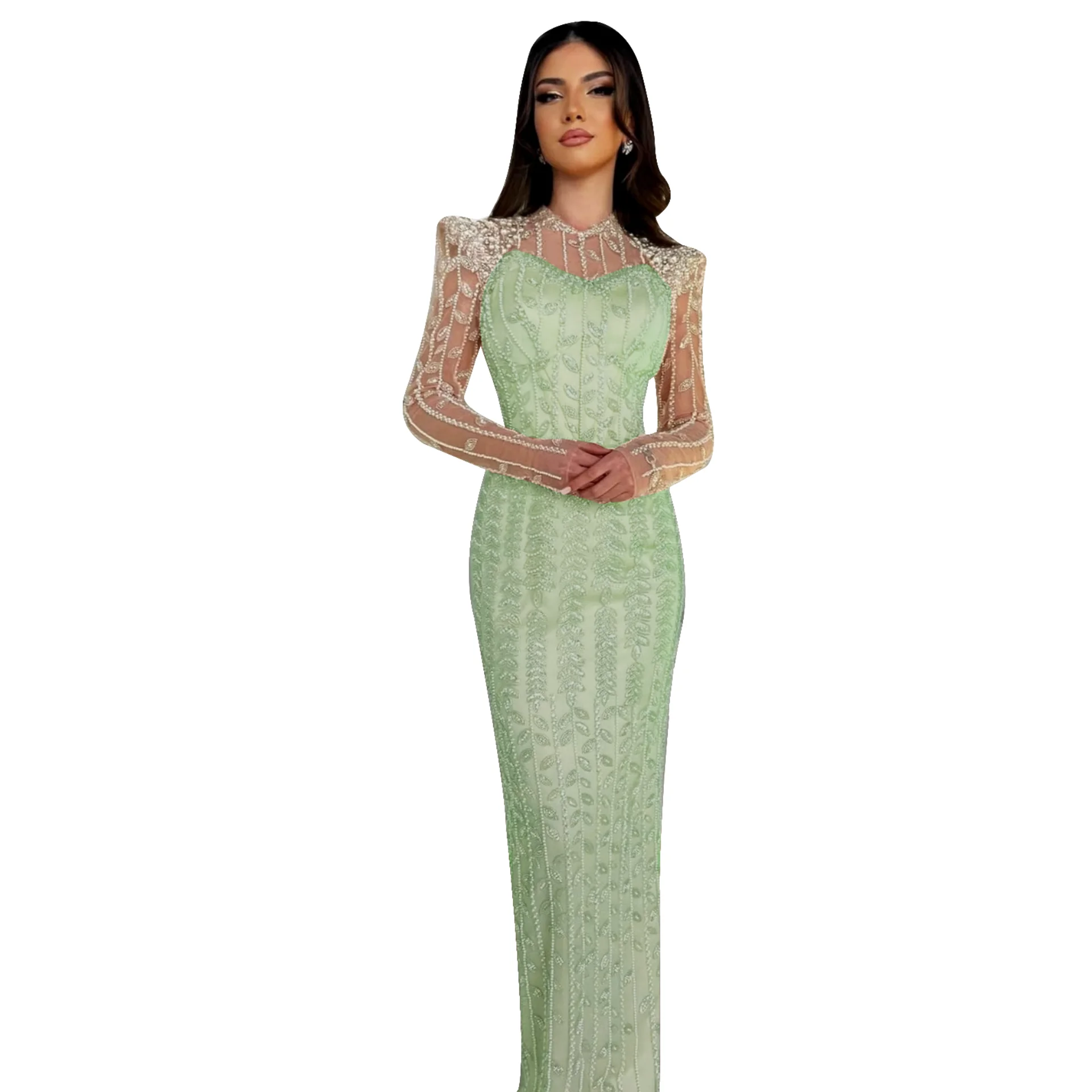 

Mermaid Evening Gown With Pearl Lace Long Sleeves long Ball Gown Chinese Style Elegant Lady's Long Dress