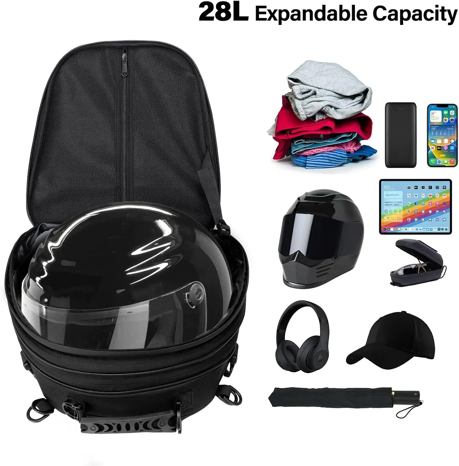 Black Motorcycle Tail Bag, Motorcycle Helmet Backpack Bag, Multi-Purpose Luggage for Riding