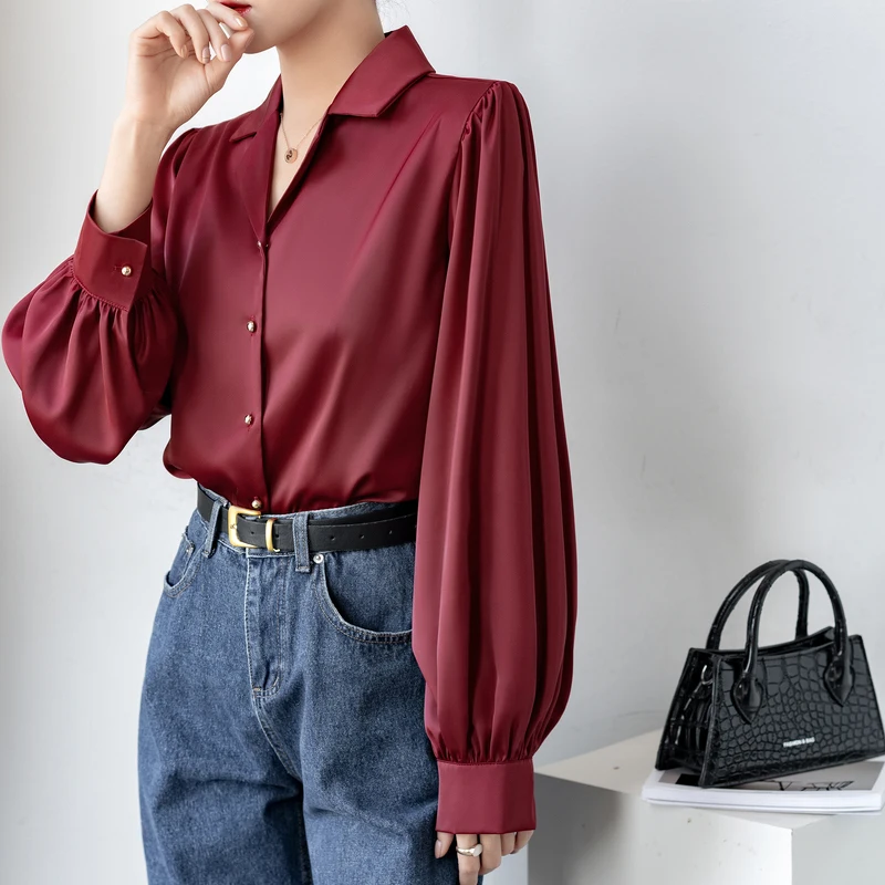 QOERLIN French Vintage Red Notched Collar Shirt Women Satin OL Elegant Lantern Sleeve Tops Blouse Long Sleeve Office Shirts S-XL