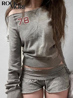 Rockmore Gray Off-shoulder Printed Long Sleeve T-shirts Harajuku Korean Vintage 90s All-match Chic Women Tops Y2K Clothes Autumn
