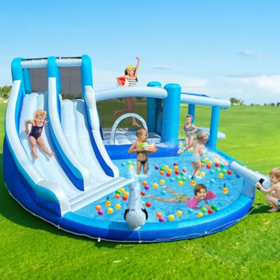 

Надувной батут-горка с водной аттракцией и вентилятором для использования в помещении и на улице, с двойной горкой и элементами для лазания