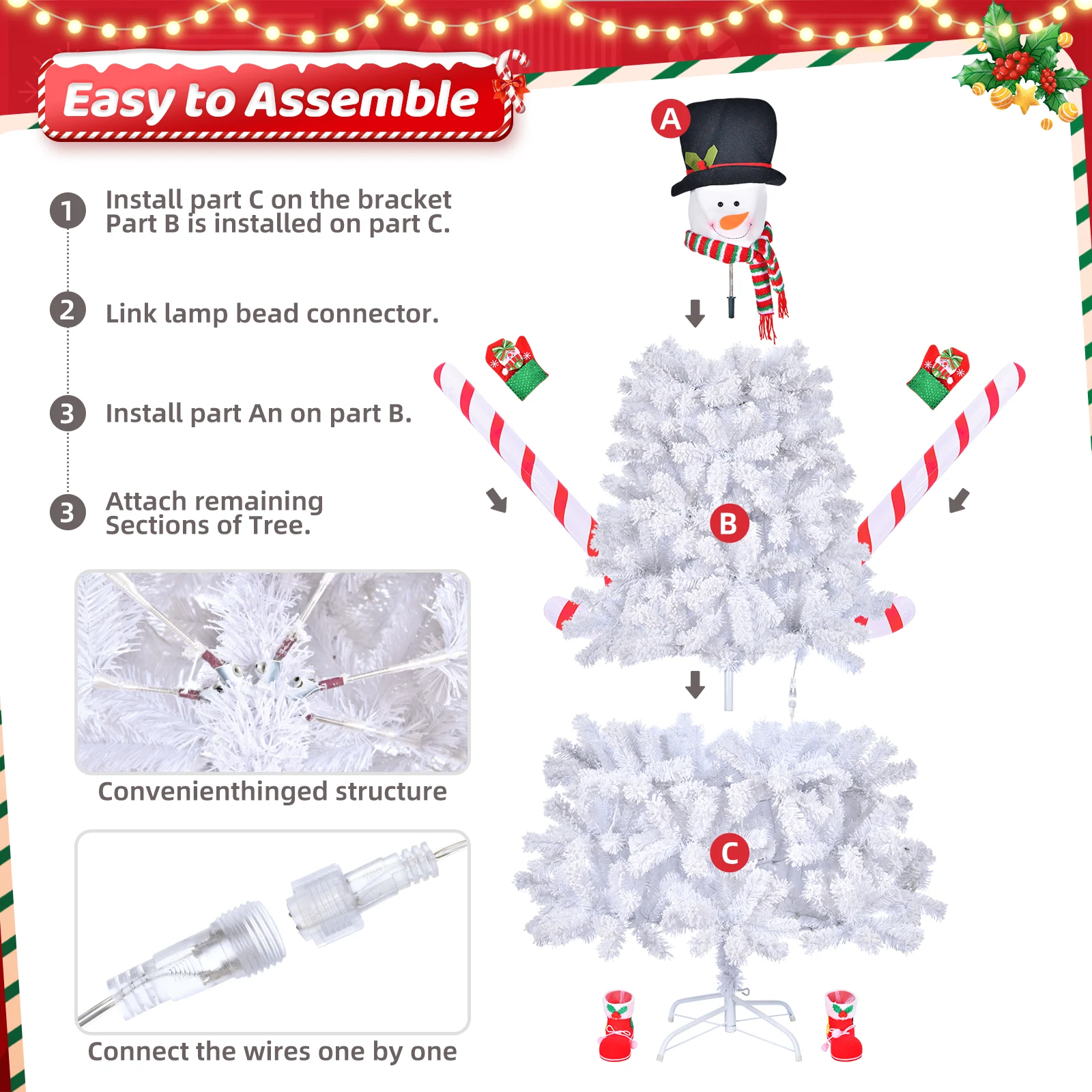 6.5ft Automatic Tree Structure Snowman Shape PVC Material 700 Branches White Flocking 140 Lights