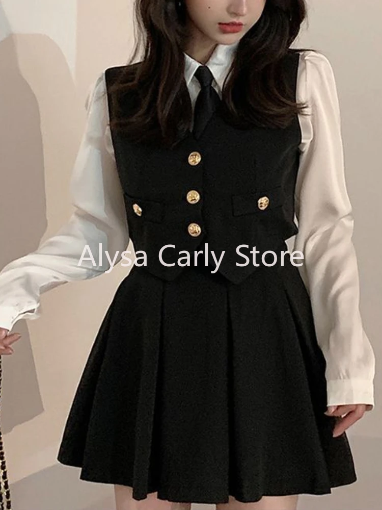 Japanese Sweet Uniform Three Piece Set Women Vintage Vest + Mini Pleated Skirt Set Female Autumn Casual Cute Party Skirt Sets