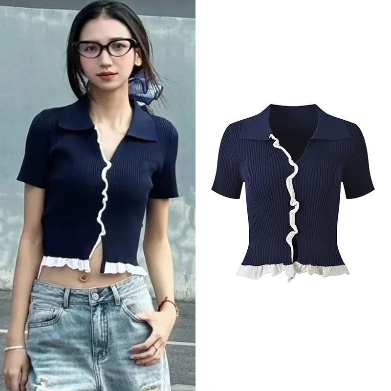 

Лето 2024, новый дизайн, трикотажный топ с воротником, кружевной подол, цвет Blo Bal, женский комплект из смеси ледяного шелка