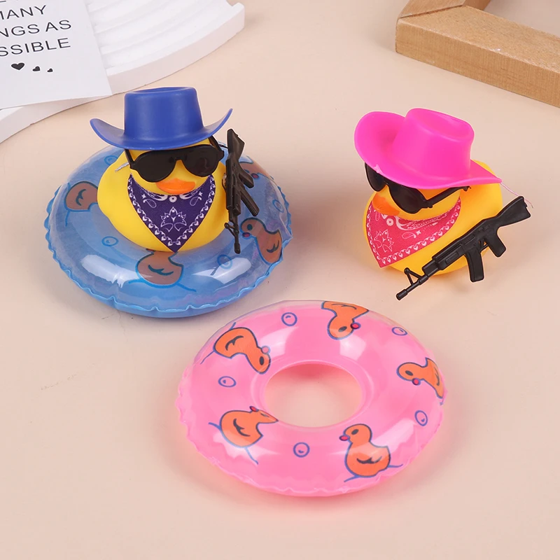 1 Set Office And Home Duck Decoration Ornaments With Swim Ring Hat Rubber Duck For Car Dashboard Squeaky Duck Bath Toy