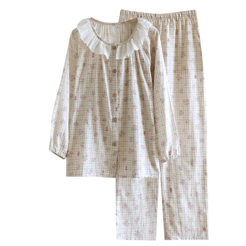 Conjunto de pijama para mujer, 100% de gasa de algodón a cuadros, Floral, manga larga, bonito cuello de muñeca, conjunto de muebles para el hogar, primavera y otoño, 2026