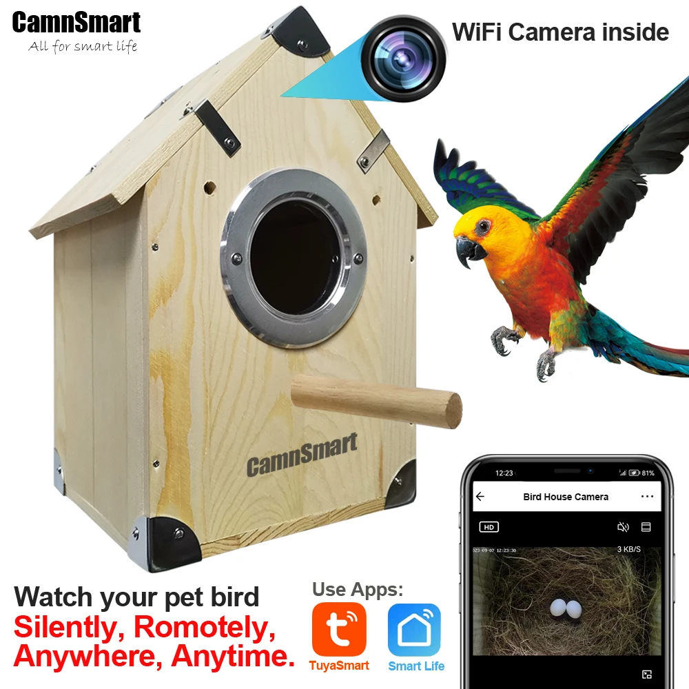 

4MP Tuya Bird Cage equipped WFI Camera Natural Wooden Large House for Baby Parrot Nest view Breeding Rest Smart Pet Product