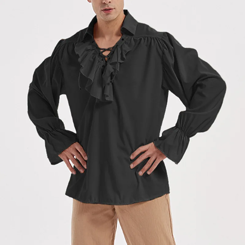 

European Medieval Renaissance Men's Long Sleeved Shirt with Fluffy Sleeves, Lapel Tie Shirt, Loose Prince Play Costume