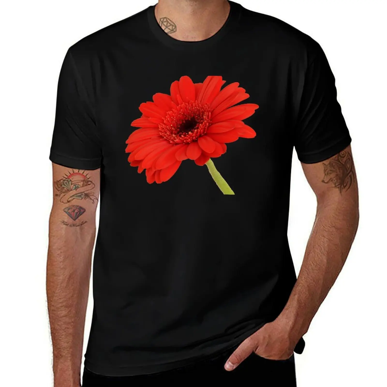 Red Gerbera Daisy T-Shirt Basic Plain Short Sleeve Crew Neck Tee T-Shirt