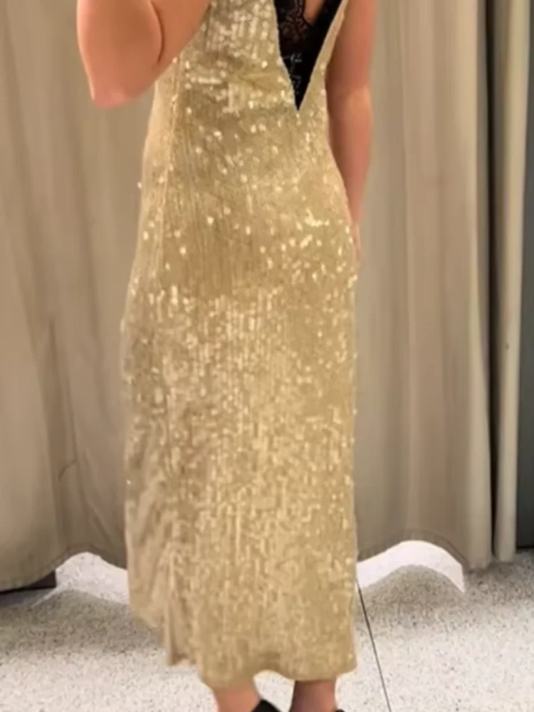 موضة الخامس الرقبة الترتر المرقعة الدانتيل فستان طويل المرأة بلا أكمام الخصر Cinched الورك المعانقة Vestidos سيدة مساء ثوب الحفلات