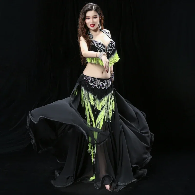 Belly Dance Performance Costume Suit Bra & Tassel Belt & Long Skirt Outfit Belly Dance Suit Night Club Bollywood Carnival