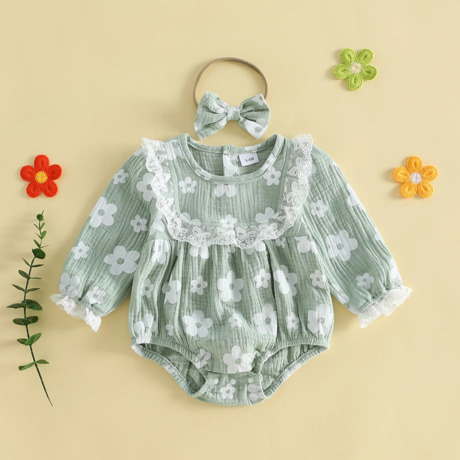 Baby Girl Fall Lace Bodysuits Outfit Flower Lace Trim Long Sleeve Romper Bow Headband