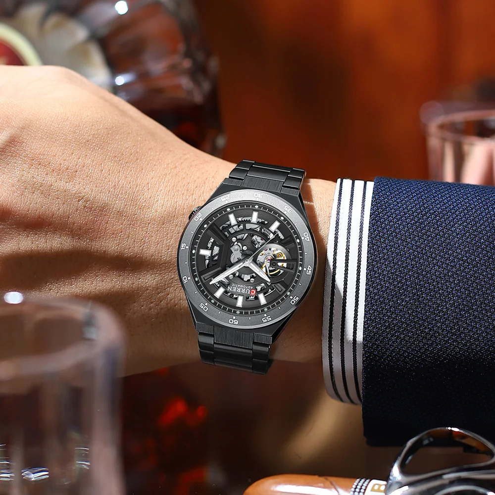 CURREN Brand Men's Fashion Sport Automatic Round Hollow Rotating Mechanical Stainless Steel Glow in the Dark Men Watch view 5