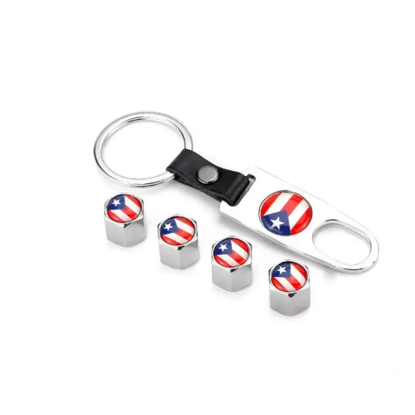 1 Set Puerto Rico Flag Logo Key Fob Universal Accessories Tire Air Valve Chain Car Stem Caps Ring