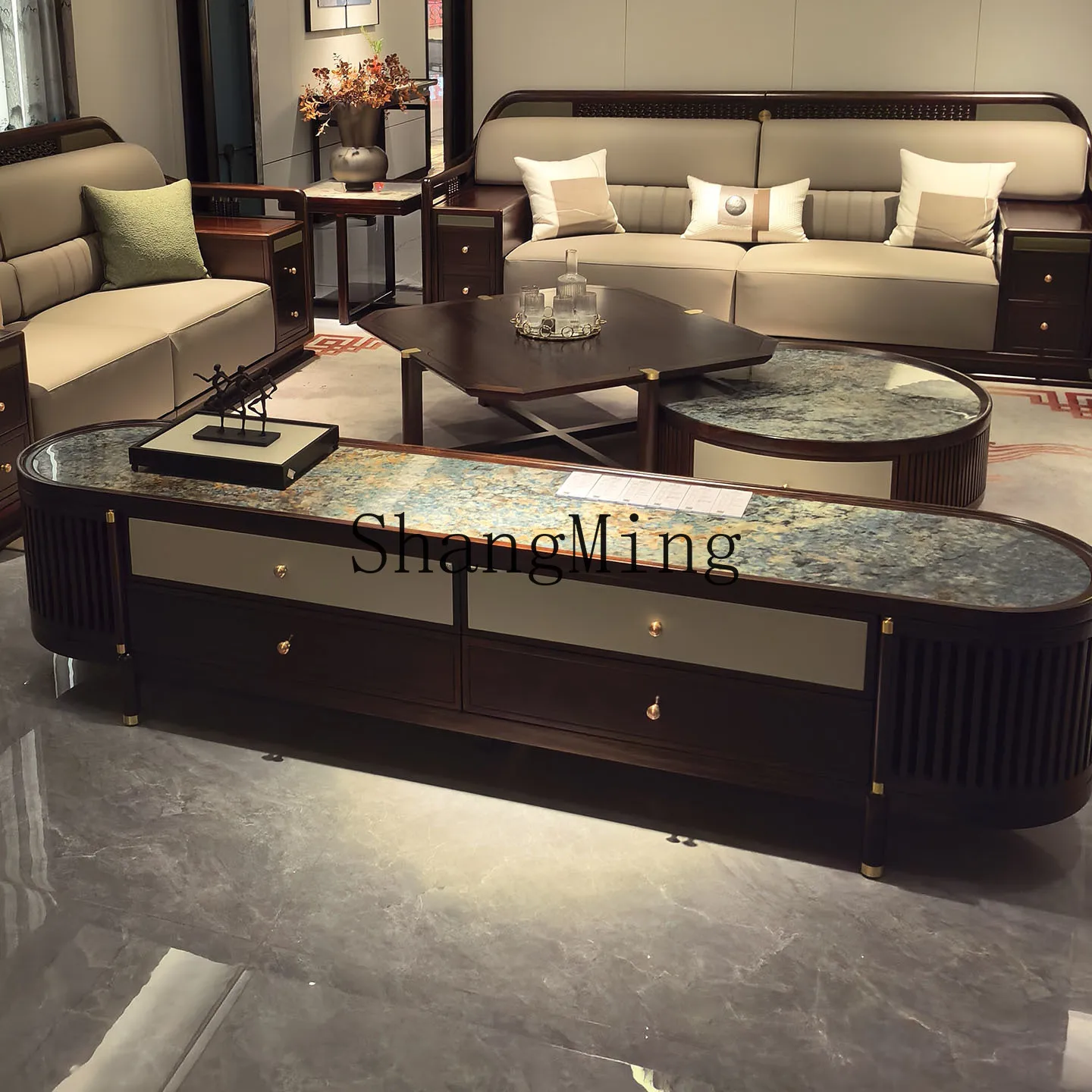 

FG new size apartment living room straight row sofa combination new Chinese leather solid wood sofa