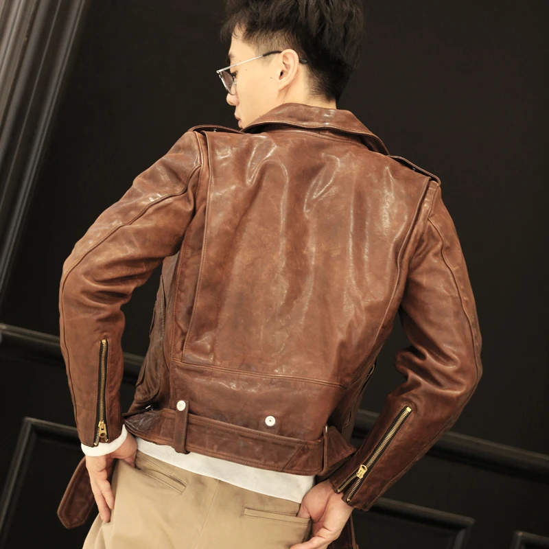 Motorcycle models J22 horsehide leather jacket men women couple models lapel diagonal zipper belt models Real leather garment