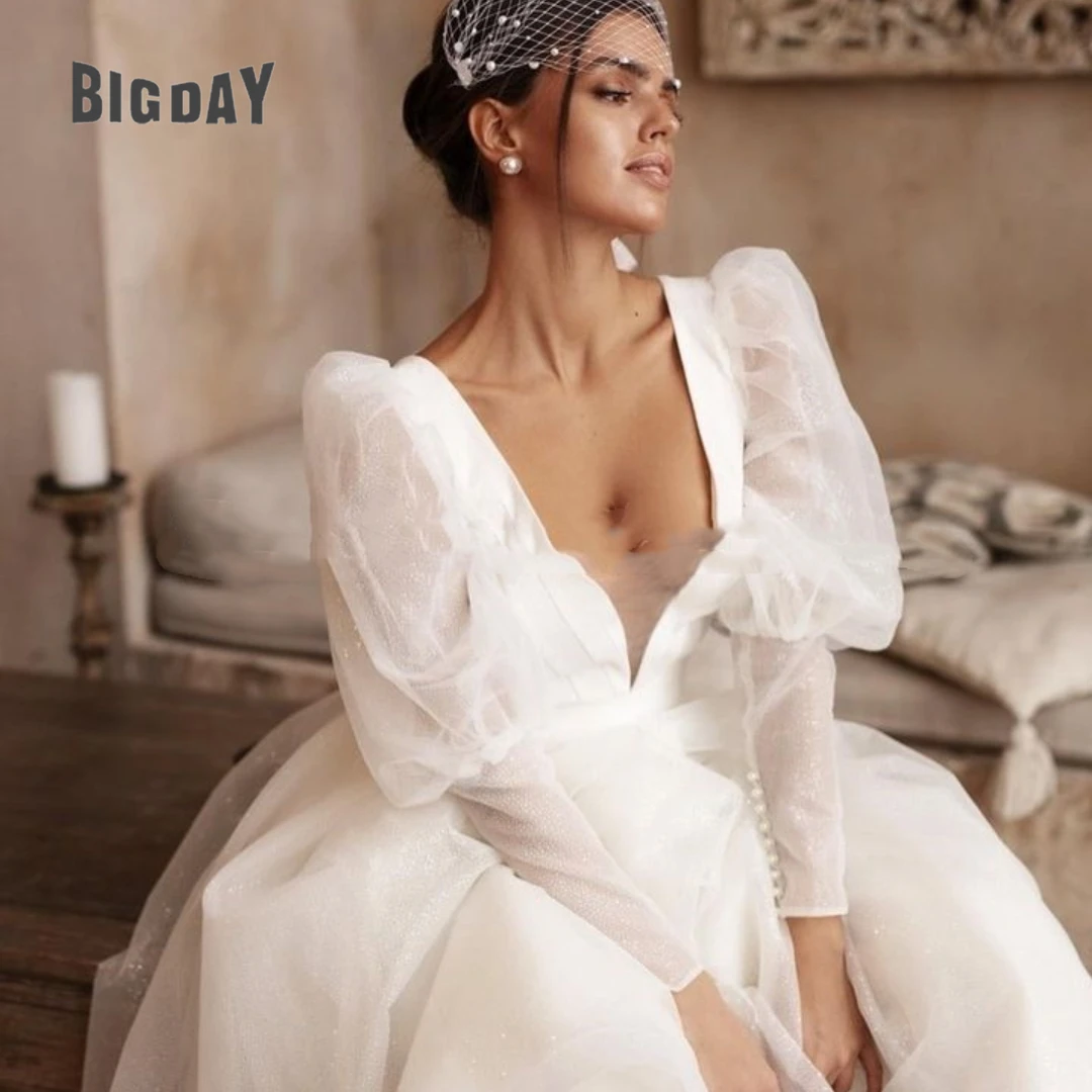 Elegant Short Wedding Dress For Woman 2024 Open Back Chiffon V-Neck Long Sleeve Bowknot Bridal Gowns Mid-Calf Vestidos De Novia