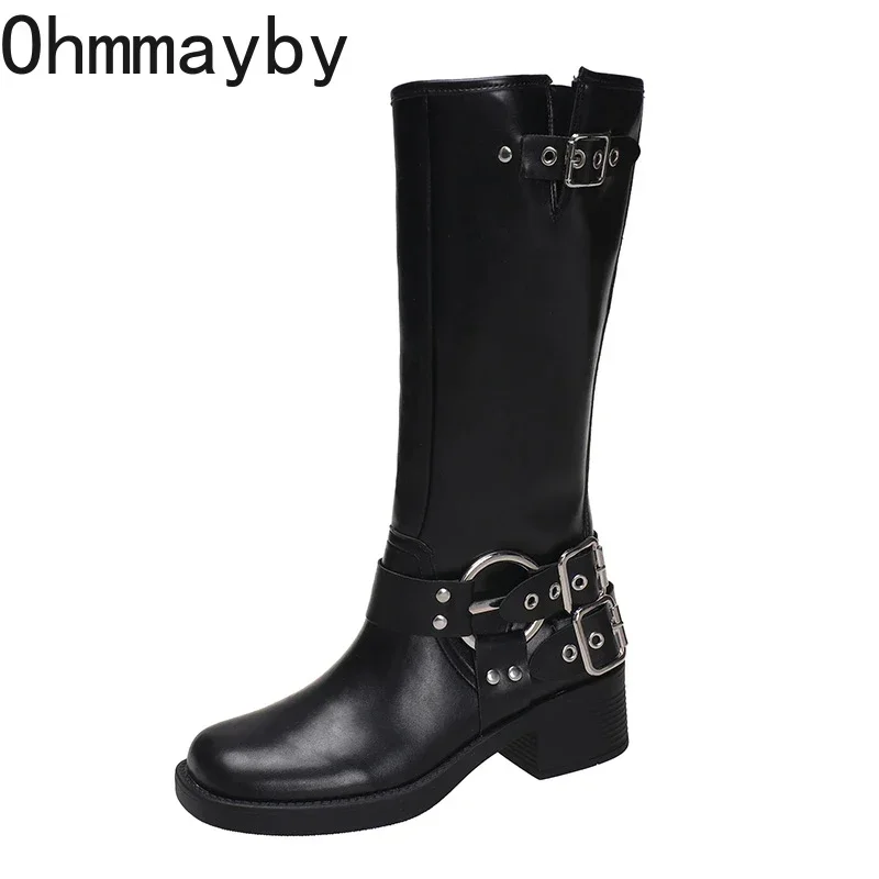 New Autumn Winter Knee High Boots Women Fashion Ladies Belt Buckle Knight Long Boots Women\'s Biker Booties