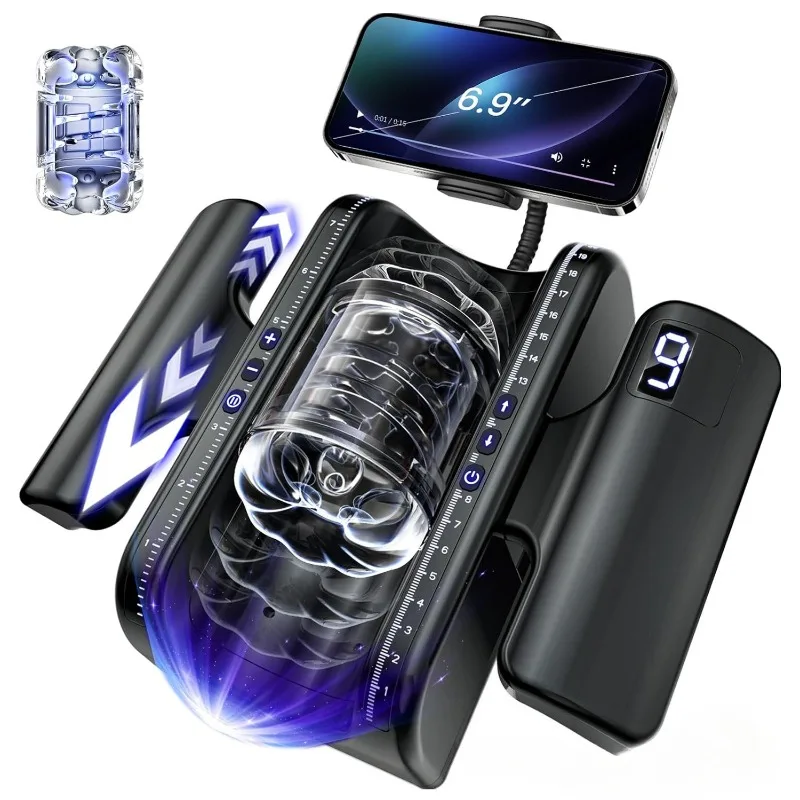 Sex Toys for Men Pocket Pussy Adult Toys with 7.8in Adjustable Thrusting Length, LCD Male Sex Toy Hands Free Masturbator Cup