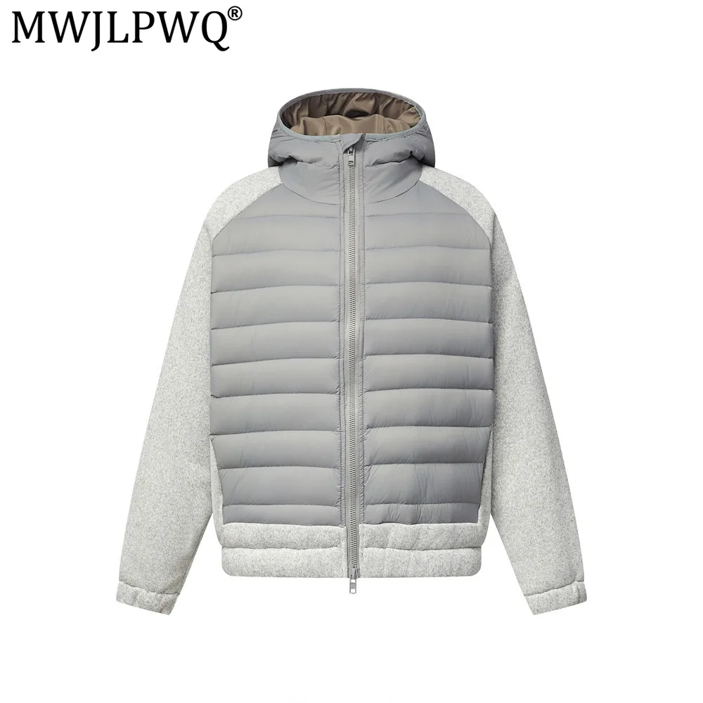 MWJLPWQ Men's Hooded Down Jacket Winter Warm Knitted Patchwork Design Raglan Sleeves Double-Zipper Outerwear Trendy Style 21523