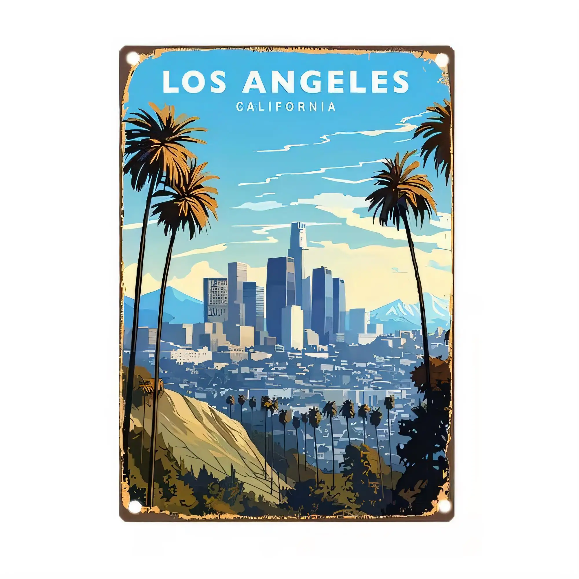 Los Angeles California Vintage City Skyline Tin Sign, Retro Travel Poster Metal Plaque Wall Decor, Beach Trees Sunset Artwork, R