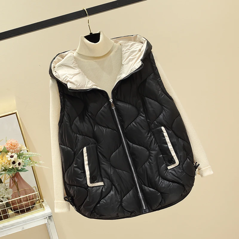 Damska kamizelka puchowa z bawełny, nowy design na jesień i zimę 2025, modny fason z małym, błyszczącym wykończeniem, z kapturem, hit tego roku...