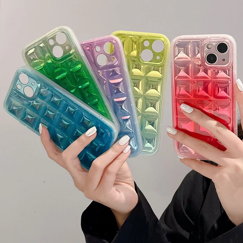 3D Weave Grid Ice Cube Gradient Candy Color Transparent Phone Case For iPhone 11 12 13 14 Pro Max Soft Shockproof Silicone Cover