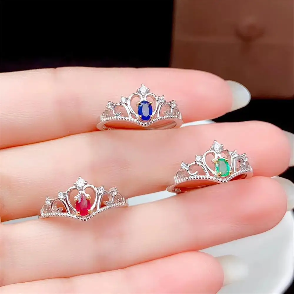 

Natural Sapphire Emerald Ruby Ring Genuine S925 Sterling Silver Crown style ring Natural Gemstone Jewelry