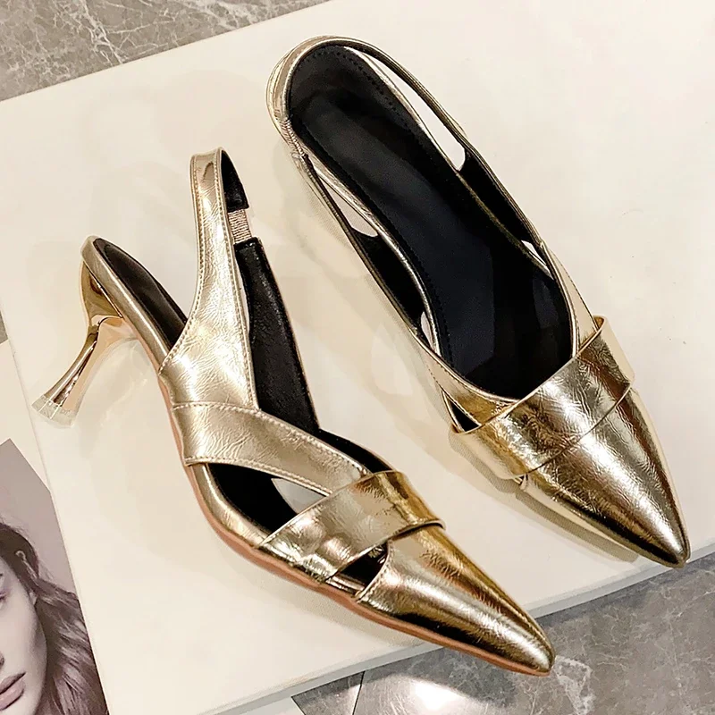 

Fashion Women Sandals Pointed Toe Summer Dress Shoes Thin High Heels Black Silver Gold Elastic Black Gold Silver Back