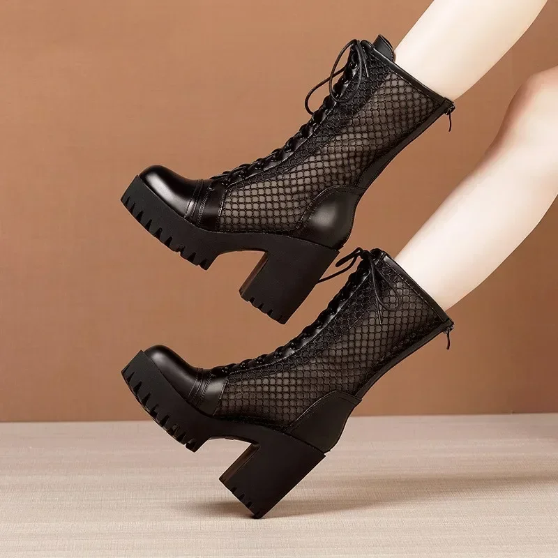 Small Size 32-43 Fashion Block High Heels Sandals Summer Platform Shoes 2024 Women\'s Cutout Short Ankle Boots Genuine Leather