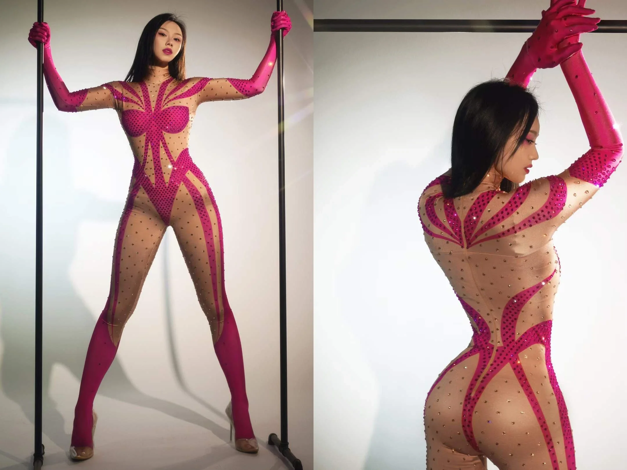 سخرية المناسبات الخاصة المرأة تمتد القطب الرقص مذهل شبكة مرصعة بأحجار الراين دنة حللا ملهى ليلي DJ DS سحب ازياء