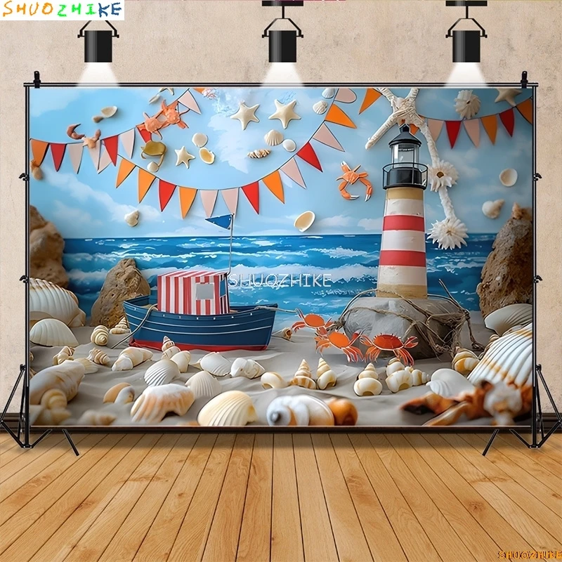 

Navigation Sailboat Starfish Theme Photography Backdrops Birthday Party Decor Global Fishing Net Photo Studio Background TE-10
