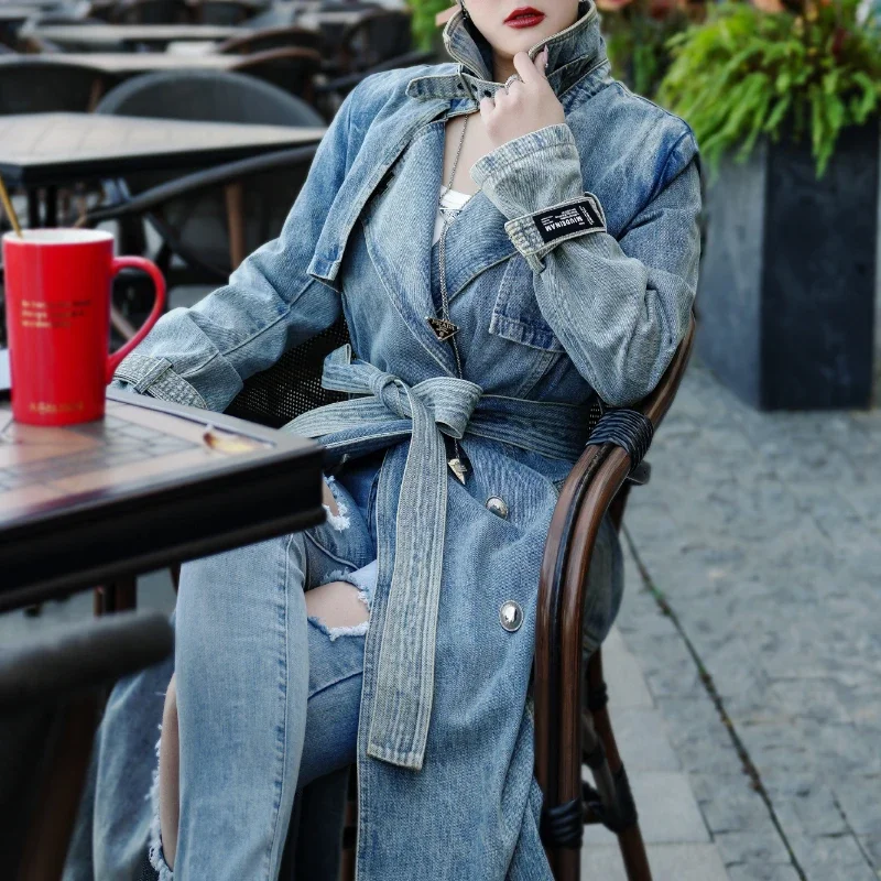 

2023 Spring Fall Women Bleached Sash Cool Casual Long Denim Trench Coat , Woman Clothing Vintage Autumn Bleached Coats